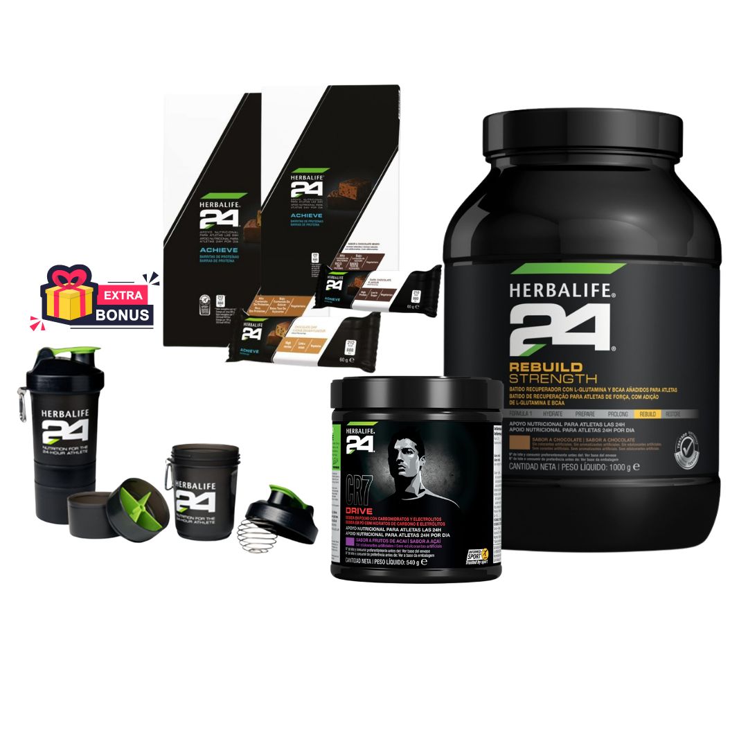 KIT ESPORTIVO Potência - Rebuild Strenght, CR7 Drive Embalagem, 2 H24 barra de proteina